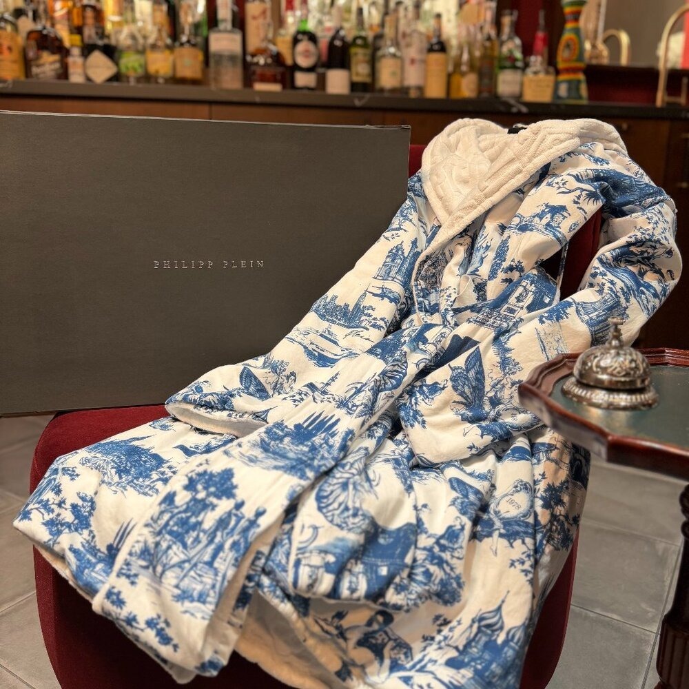 Couture Philipp Plein Bathrobe‎ En Plein Air White Blue 100% Cotton Small Luxury